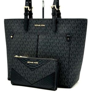 Michael Kors Jet Set Medium Pocket Tote Bag & Double Zip Wallet Black Multi